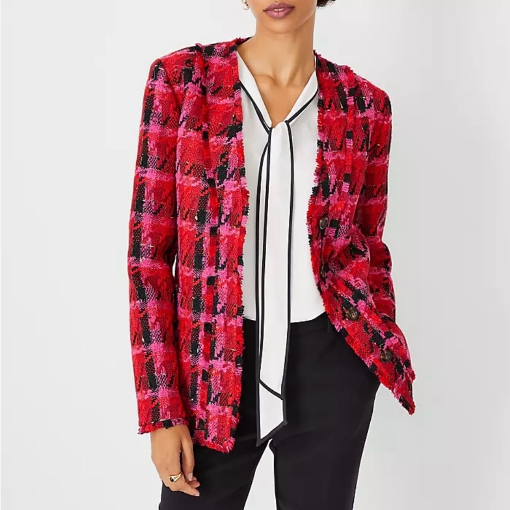 Ann Taylor Long Cardigan Jacket in Pink/Red/Black Houndstooth Tweed - Size 10
